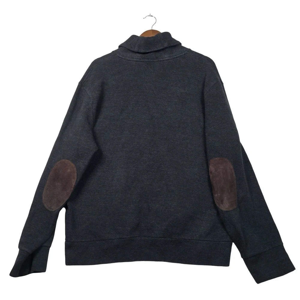 Polo Ralph Lauren Shawl Collar Sweater Mens XL Charcoal Grey Suede Elbow Patches